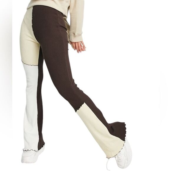 Topshop Patchwork Contrast Flared Pant Multicolored Neutral Ribbed Womens Size 4 - Picture 1 of 12